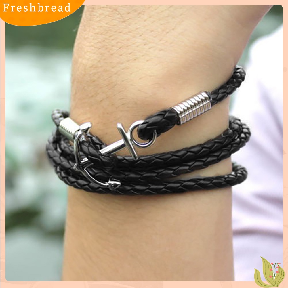 ? Fresh ? Gelang Bangle Kulit Imitasi Kepang Multilayer Motif Jangkar untuk Pria