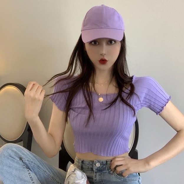 knit sabrina crop top baju atasan wanita import rajut off shoulder top - Hitam