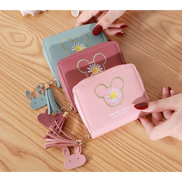 W03 Dompet Kulit Mini Pendek Wanita Cewek MK Daisy Flower Kartu Zipper Resleting Koin Wallet Woman