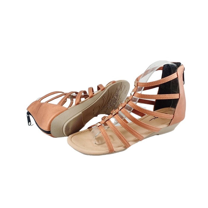 Emye GL07 Sandal Slop Gladiator Tali Wanita Pengikat Zipper Mewah Elegan Murah 2021-TAN