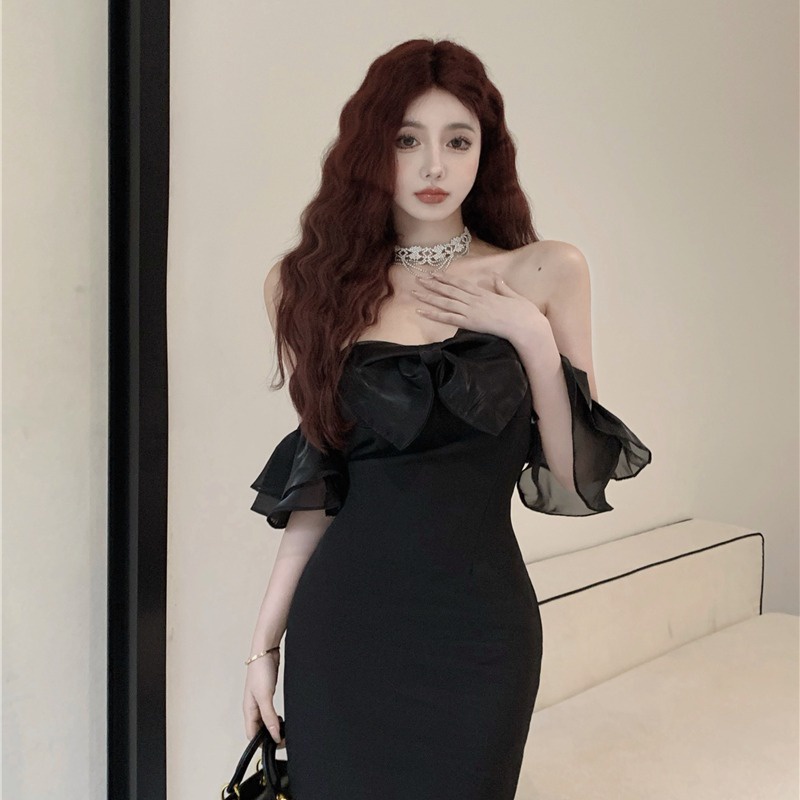 gaun gaya korea off-the-shoulder bengkak tulle bow tube top dress sexy ruffled one-shoulder white ba