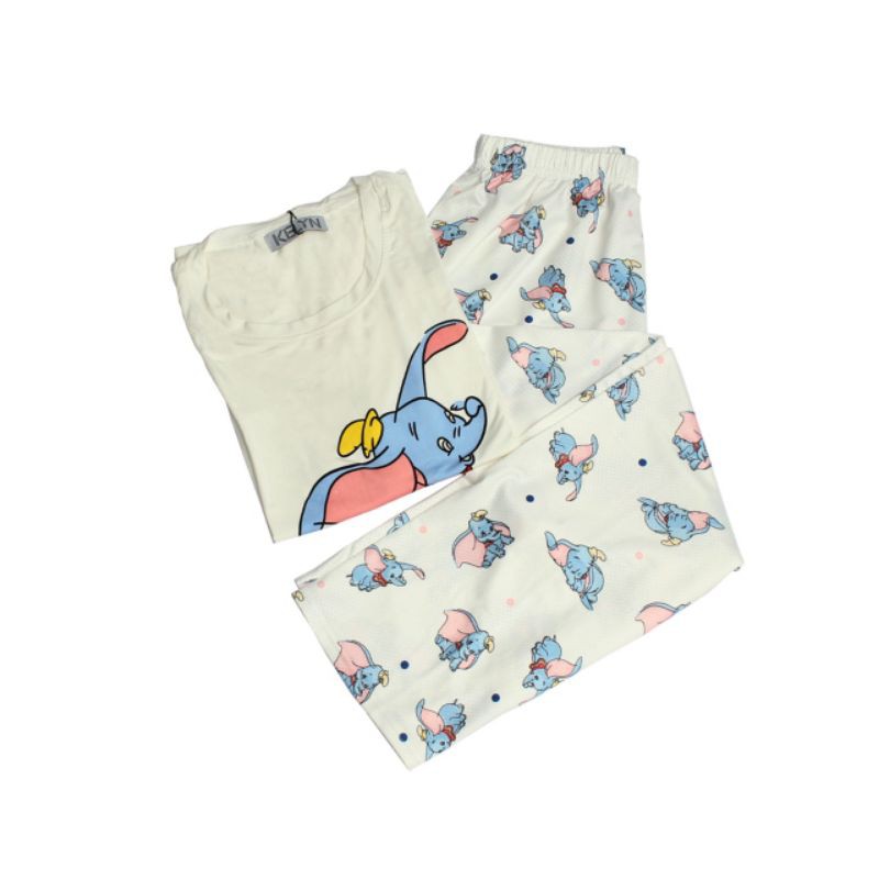 piyama kaos motif dumbo putih celana panjang lengan panjang