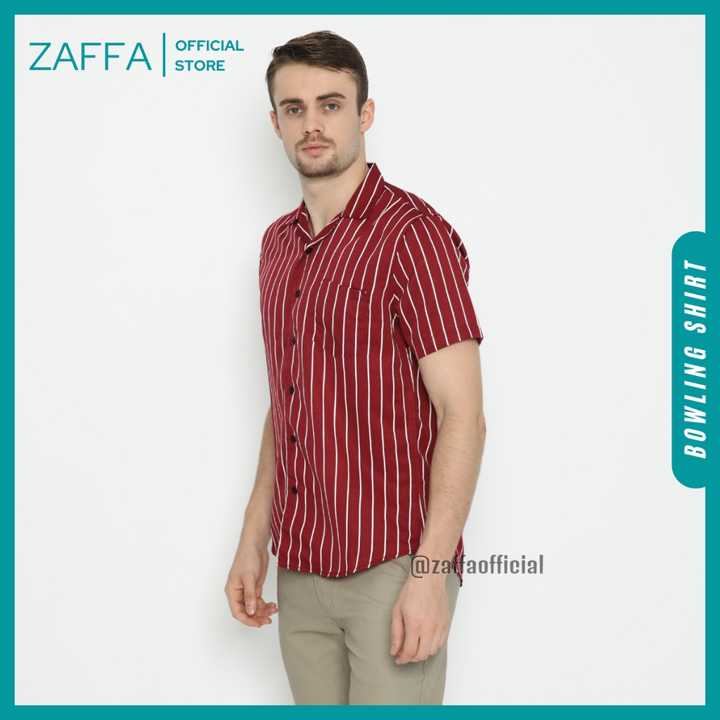 Zaffa Kemeja Salur Pria Lengan Pendek  Kerah Pantai Katun Motif Stripe Garis Maroon Unisex Z-1003