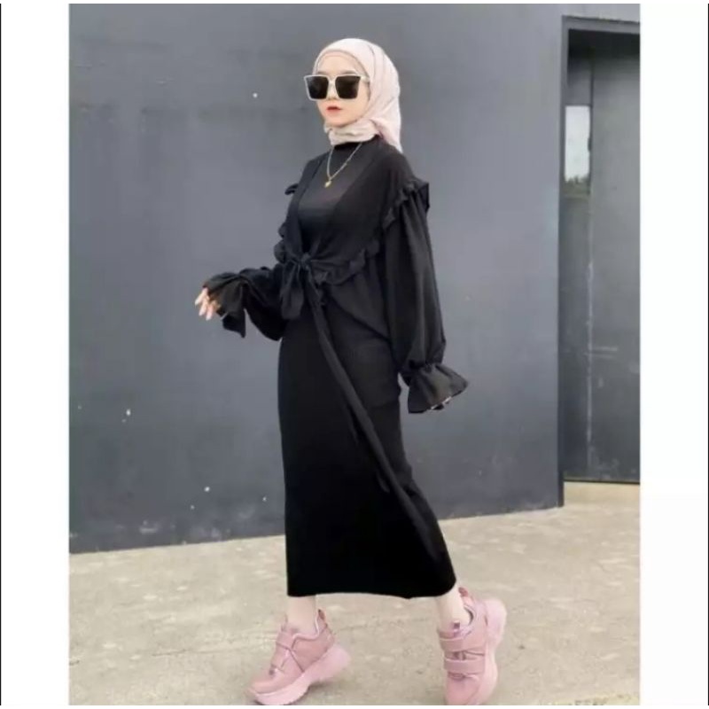 OUTER SET FASHION TERBARU / INNER DRESS MUSLIM / PAKAIAN WANITA-Inner black + black