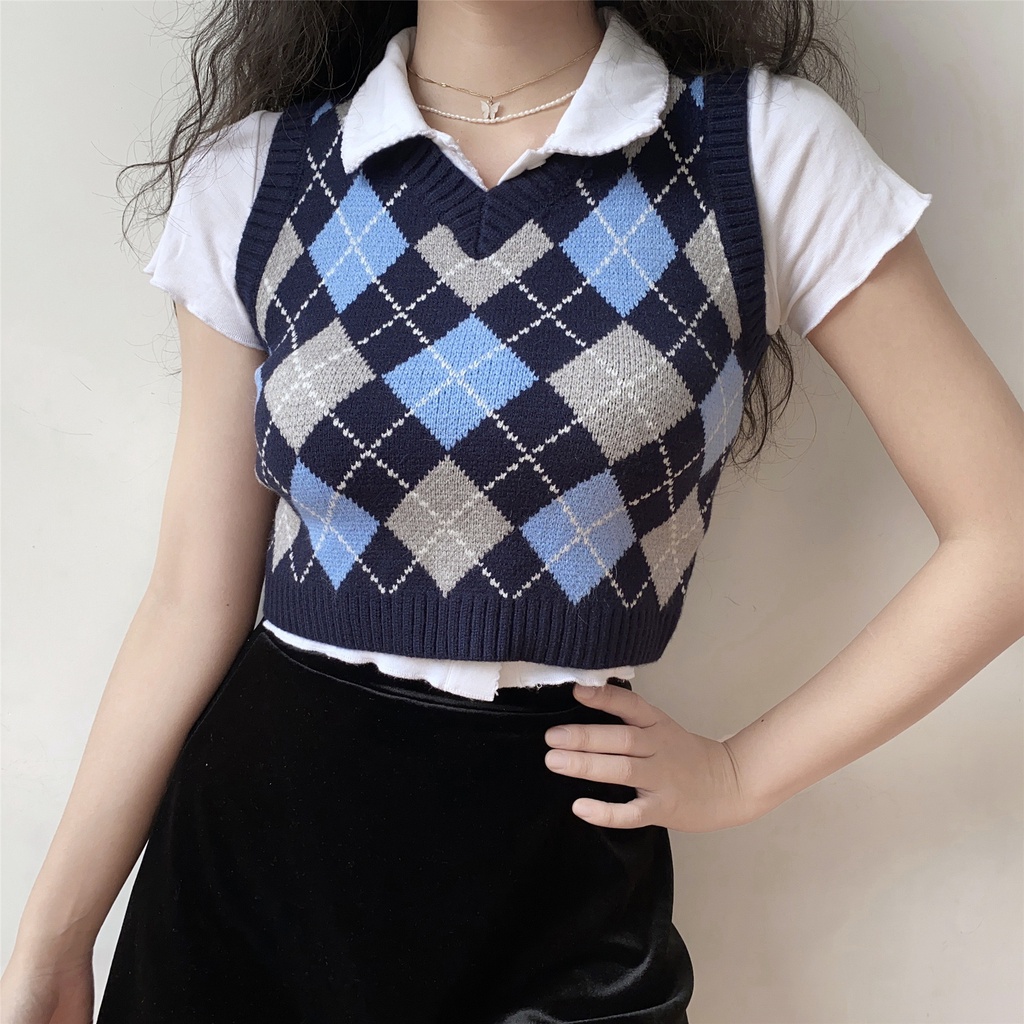 RUBY Vest Rompi Argyle V Neck Motif Crop Top Kotak Rajut Wanita Korea