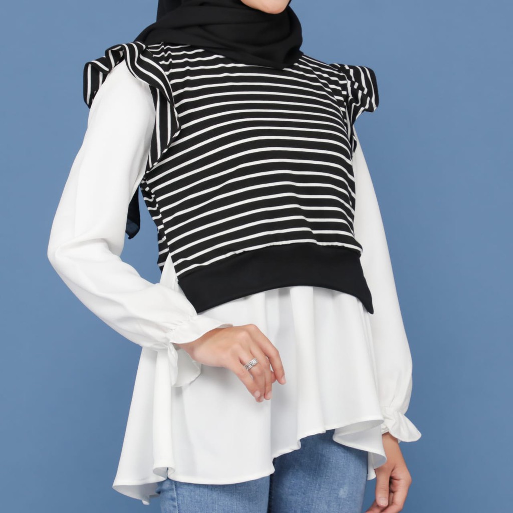 Tokomilkan - Pakaian Muslim Wanita Kemeja RUFFLE STRIP | Blouse CEWEK Bahan Moscrape