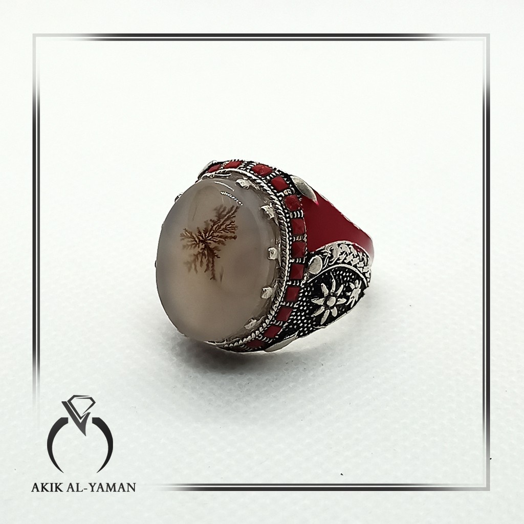 Batu akik Yaman Musyajar asli Yaman dengan ring Perak Yemeni