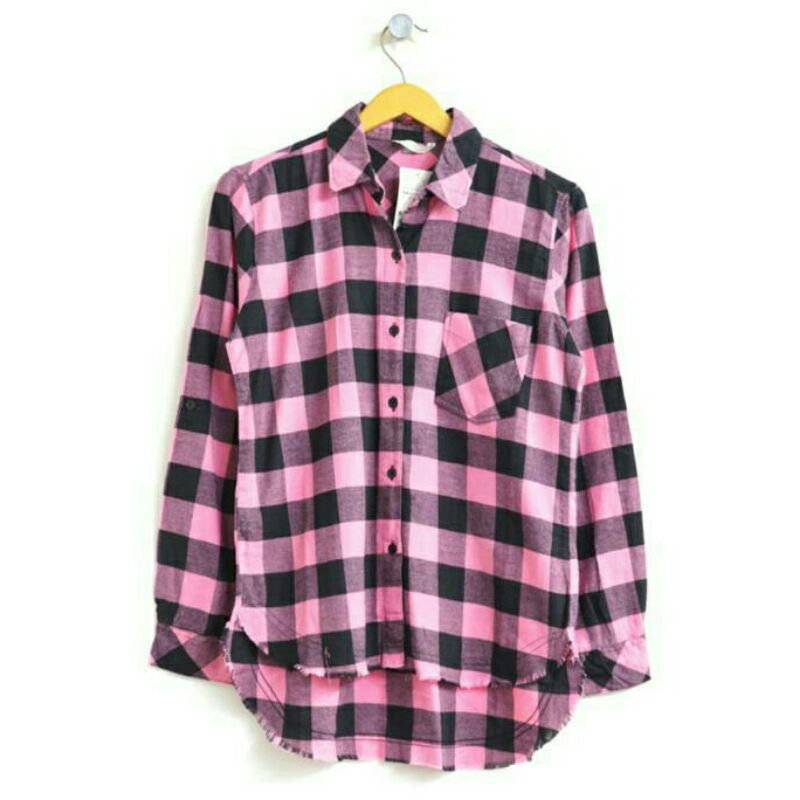 HnM Flanel pink kemeja wanita import branded pink basic shirt longsleeve women Kerja kantor kotak