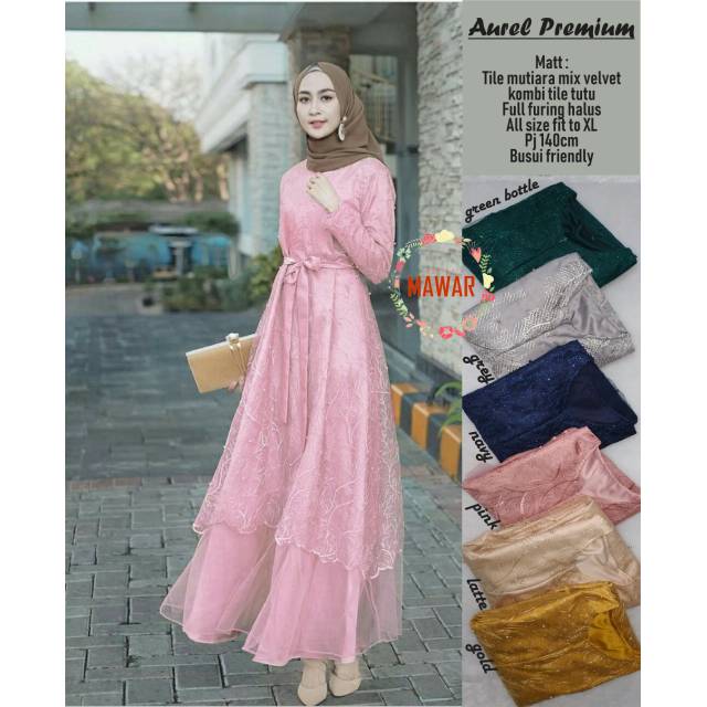 Aurel Premium Kayla Maxi Dress Model Baju Pesta Gamis Full Brukat Modern Terbaru 2022 JUMBO LD 120 Tille Memutar Depan Belakang