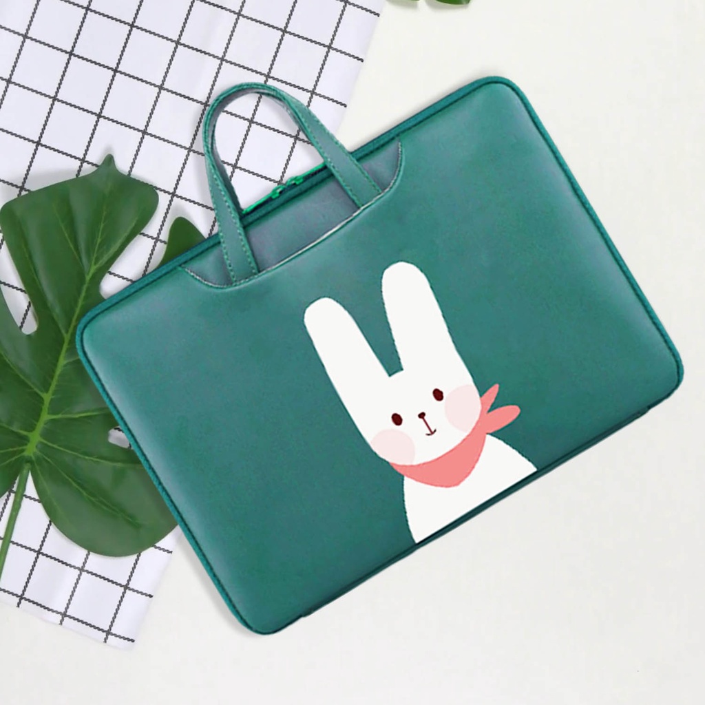 Sleeve Pouch Sarung Tas Bag Case Ipad Tab Tablet Macbook Air Pro Laptop Asus Acer Lenovo HP Huawei 11 12 13 14 15 inch Motif Gambar Rabbit Kelinci Bunny Warna Hijau Lucu Cute Murah Korean Model Jinjing Tali Strap