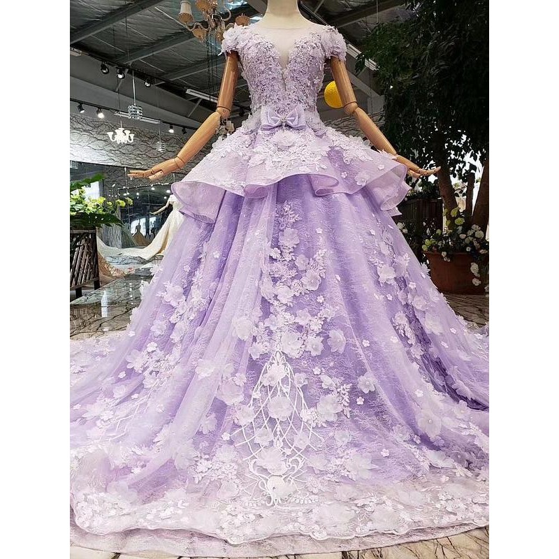 Gaun Pengantin Ungu Flower Lengan Pendek Ekor Wedding Dress Gown / gaun berbungga purple