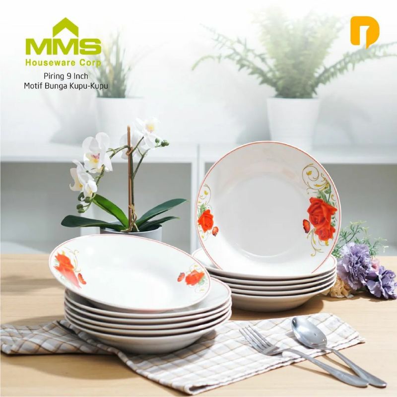 Piring Keramik 9 inch Motif Bunga Kupu-Kupu 1 lusin