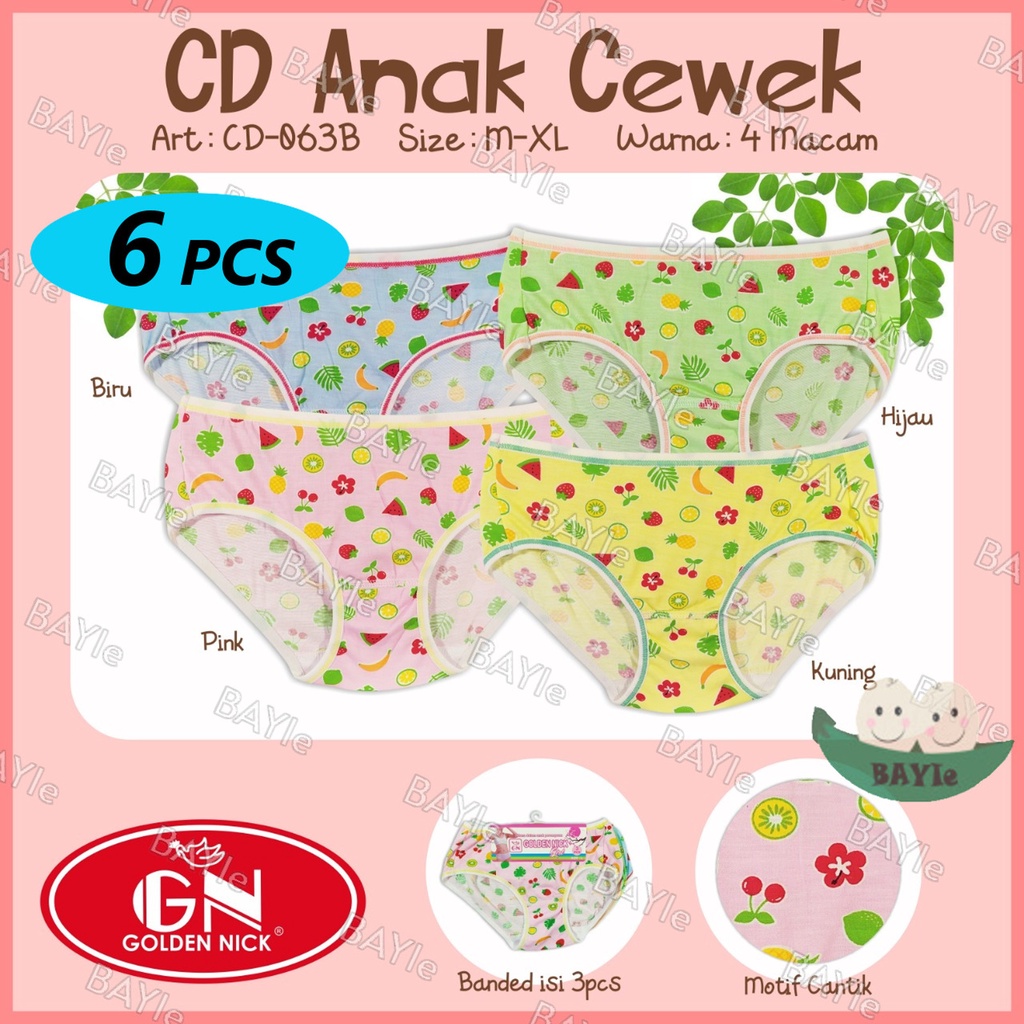 BAYIe - 6 PCS Celana Dalam/CD Anak Perempuan Cewek Motif Bunga GOLDEN NICK 063B Size M, L, XL