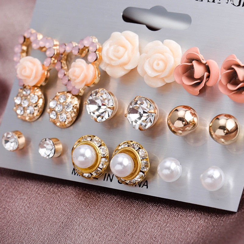 9 Pasang / Set Anting Stud Desain Bunga Mawar Hati Aksen Mutiara Kristal Untuk Wanita