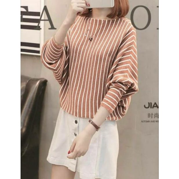 Lasperal Rajut Wanita Motif Salur Ukuran Jumbo BB 80 kg / Rajut Kalong Wanita / Rajut Korea Terlaris / Rajut Knit Murah / Atasan Rajut Wanita / Cardigan Rajut