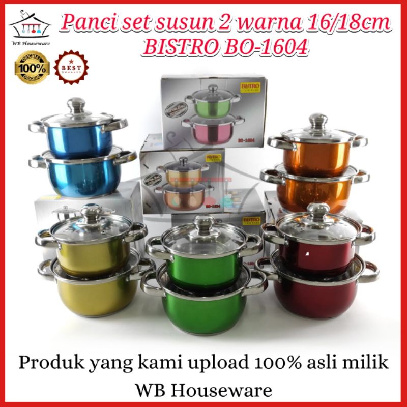 panci set isi 2 bistro / panci stainless tutup kaca warna BO-1604