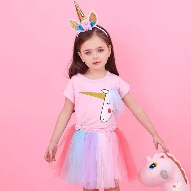 SETELAN UNICORN ANAK PEREMPUAN IMPORT  PINK RAINBOW  