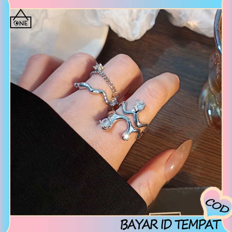 COD❤️Cincin gelombang tidak beraturan wanita cahaya mewah pasang cincin terbuka angin dingin yang dapat disesuaikan