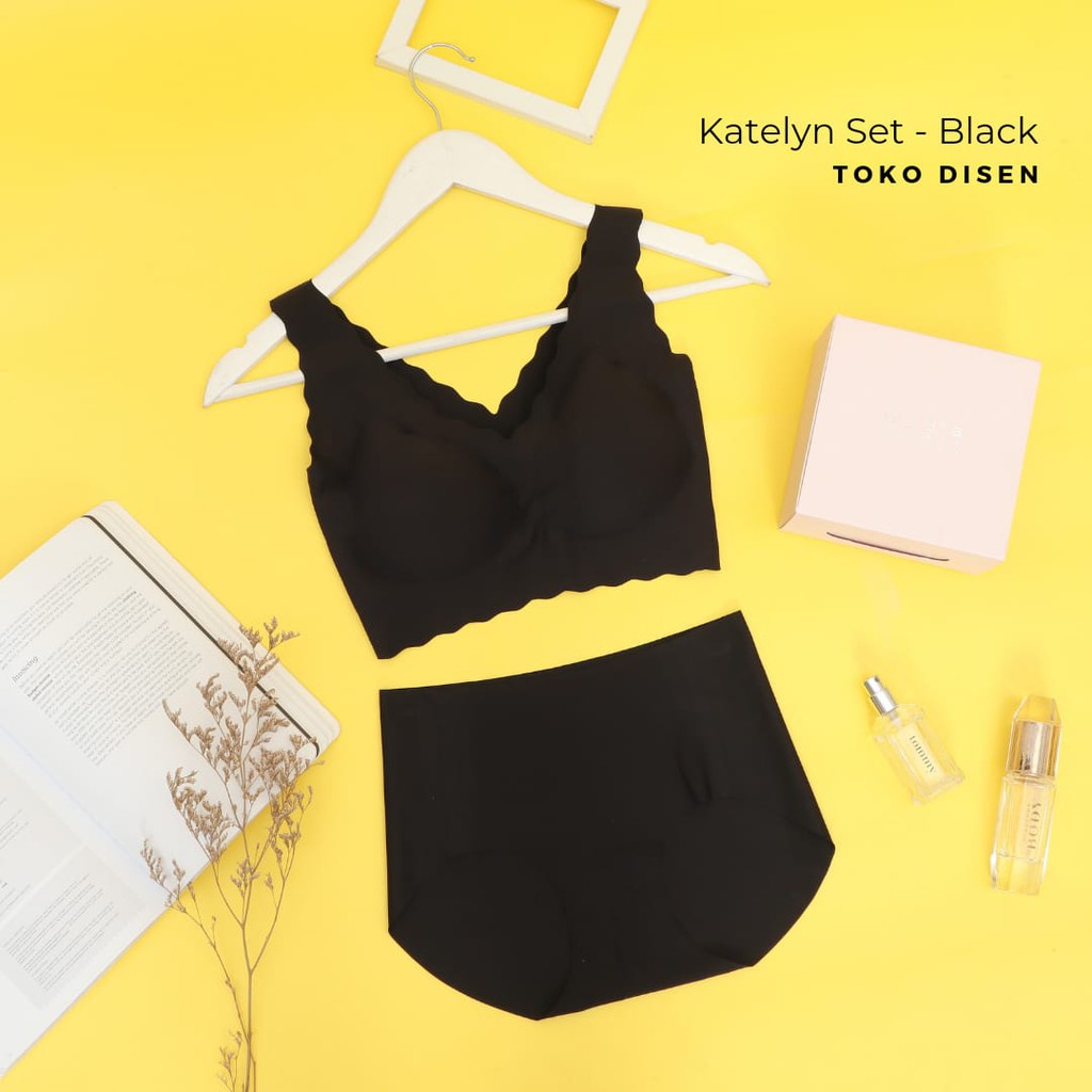 1 SET | Katelyn Deep Wavy Edge Vest Bra wanita &amp; Panties + Box