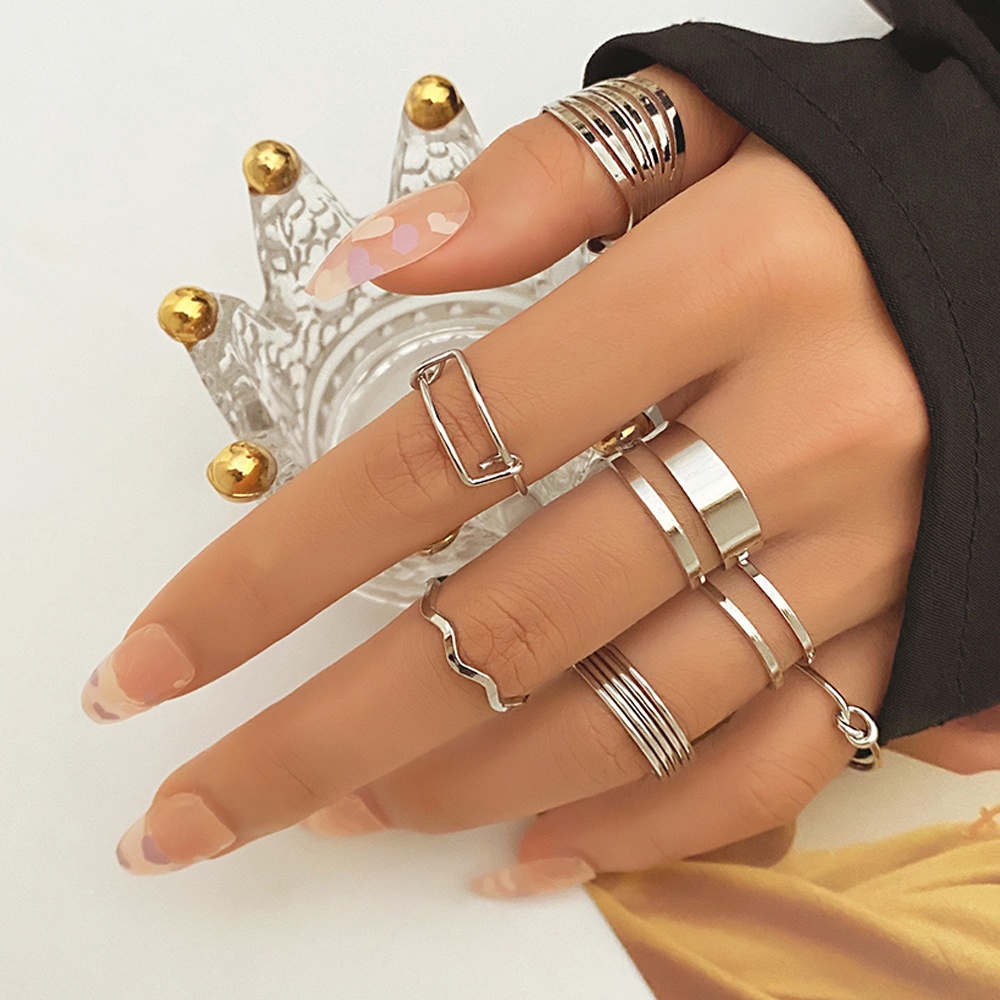 7pcs / Set Cincin Rantai Warna Emas / Silver Gaya Punk Hip Hop Untuk Wanita