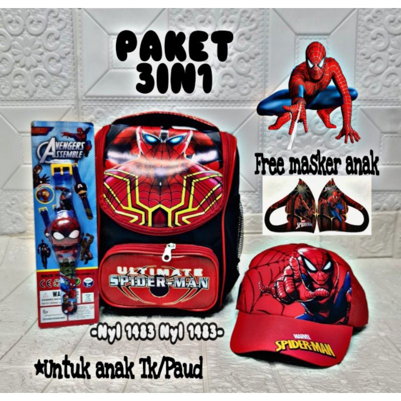 Paket murah 3in1 ransel anak untuk TK/PAUD + Jam anak dan topi anak