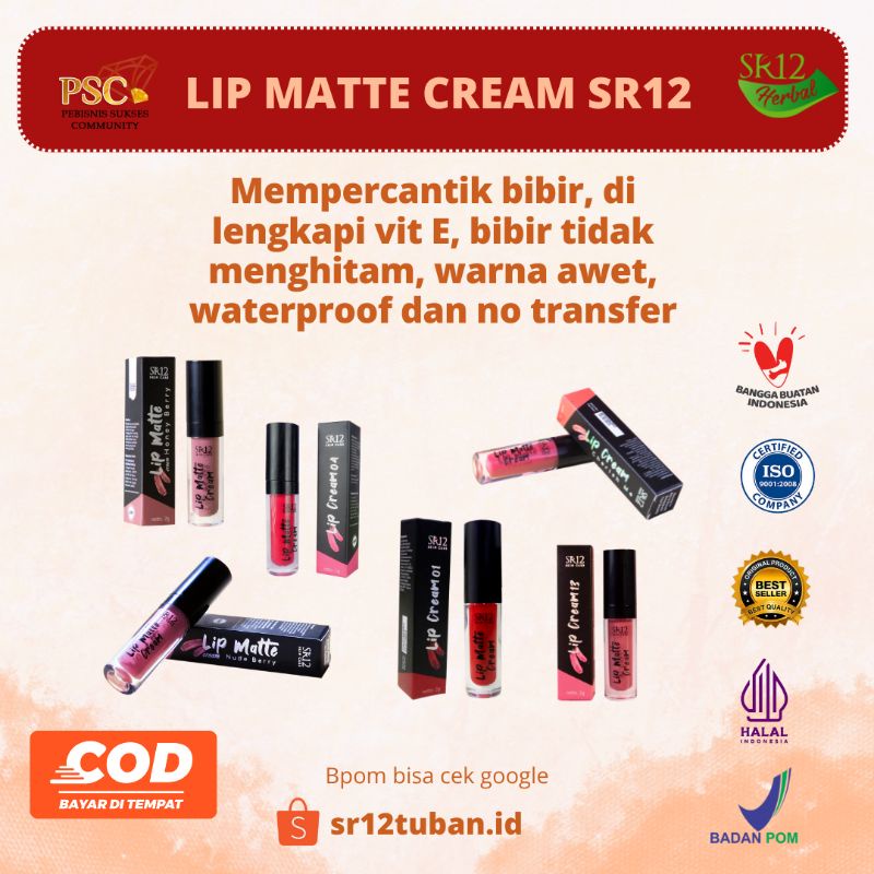 LIPCREAM SR12 RED - NUDE - PINK - NUDE BERRY - SWEET PINK - CHERISH ME - LIP CREAM - LIPMATTE BPOM L