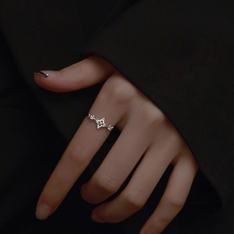Korean Four-pointed Star Ring Female Exquisite Pearl Flashing Diamond Adjustable Ring