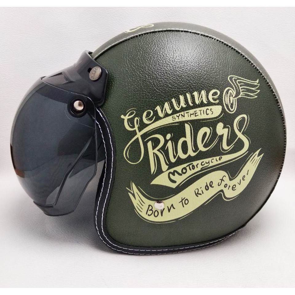 HELM BOGO RETRO KULIT Motif Genuine Riders Hijau Army SNI Berkualitas