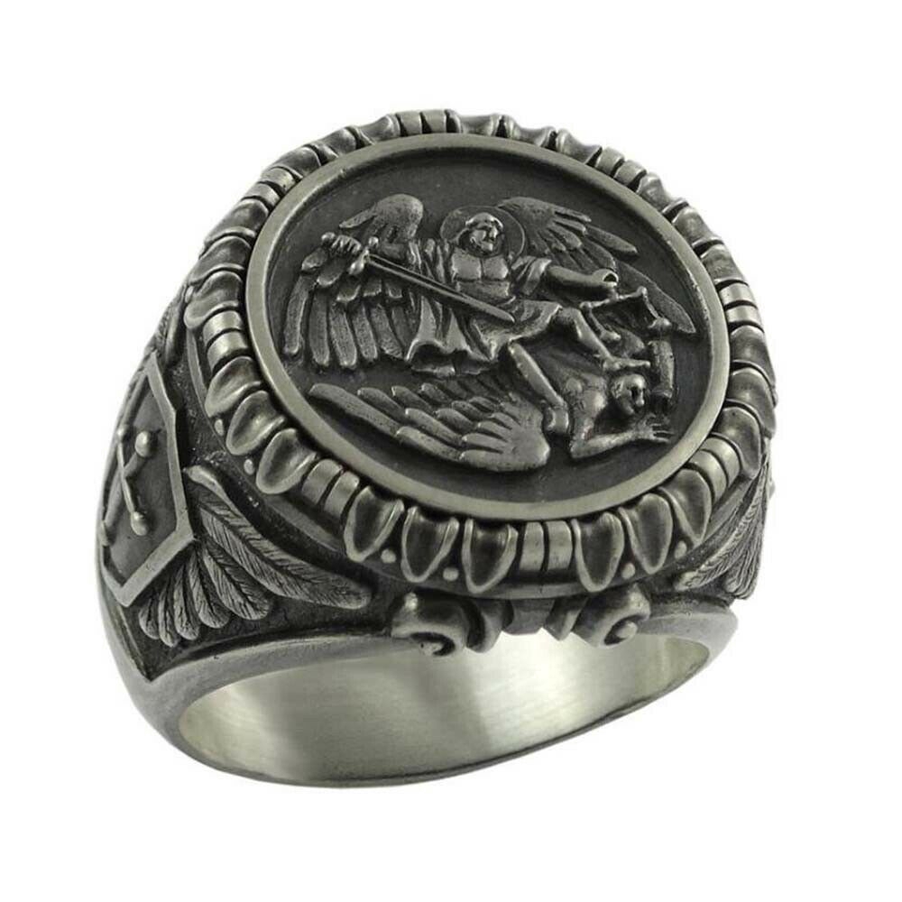 Cincin Biker Desain Saint Michael The Archangel Bahan Stainless Steel Warna Silver Hitam Untuk Pria