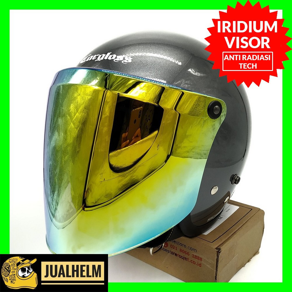 Helm Cargloss Retro Grey Glossy + Kaca Snail Iridium Gold