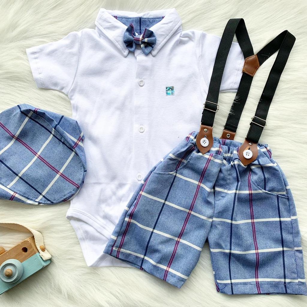 Setelan jumper celana suspender topi dasi motif bintik fashion anak bayi cowok laki baby boy -baw-WHITE, BIGSQUARE