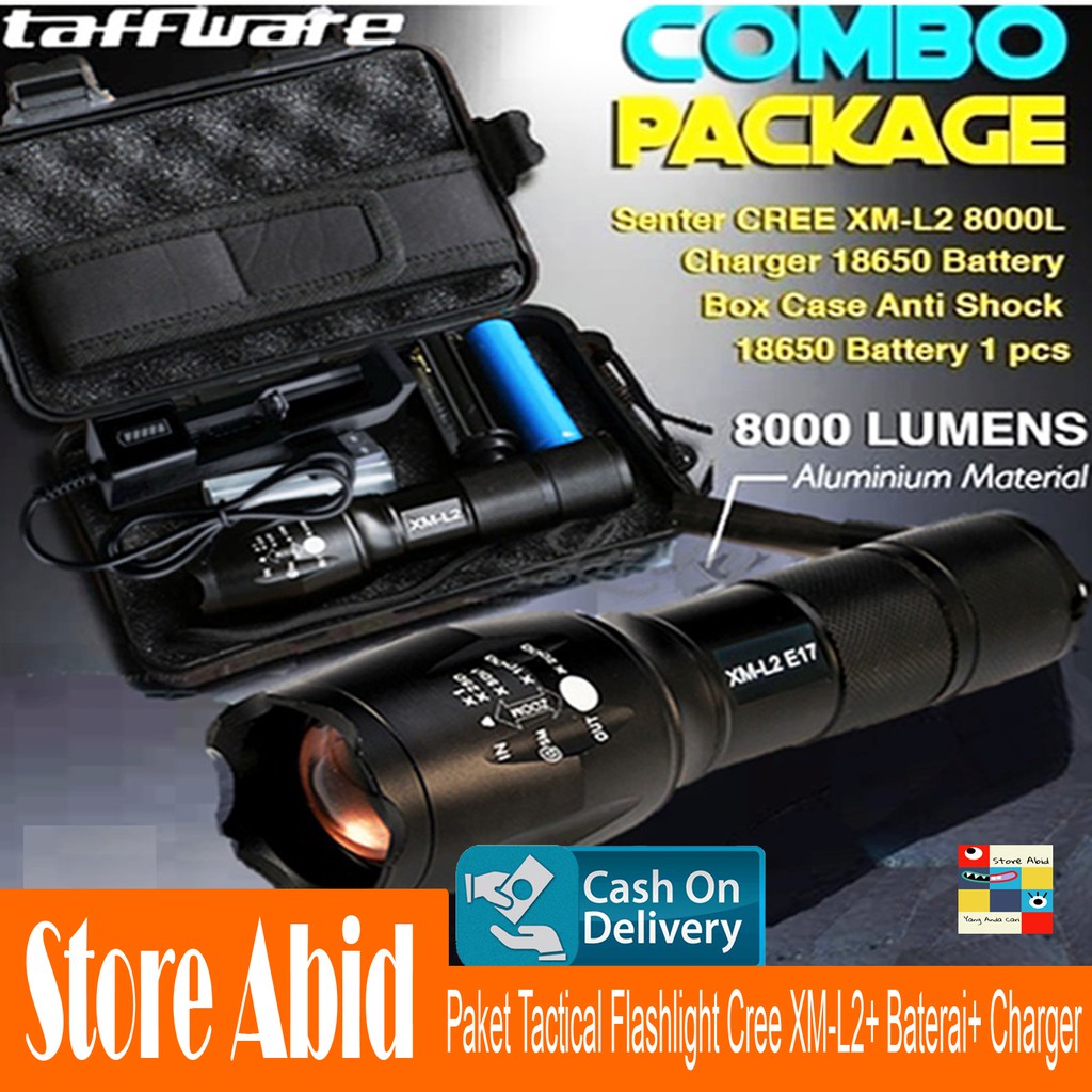 PAKET Senter LED Tactical Flashlight Cree XM-L2 8000 Lumens + Baterai 18650 + Charger - E17