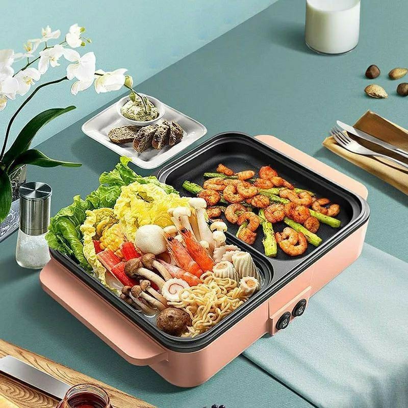 Panci Elektrik 2 In 1 Fleco 601 BBQ Dan Steamboat Peralatan Masak Mini Elektrik Baking Pot