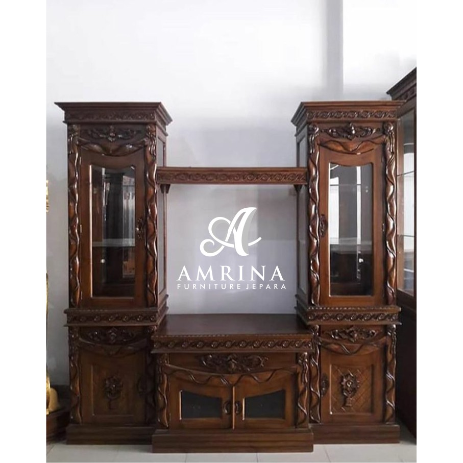 lemari tv ukir slendang, lemari pajangan jati mebel jepara