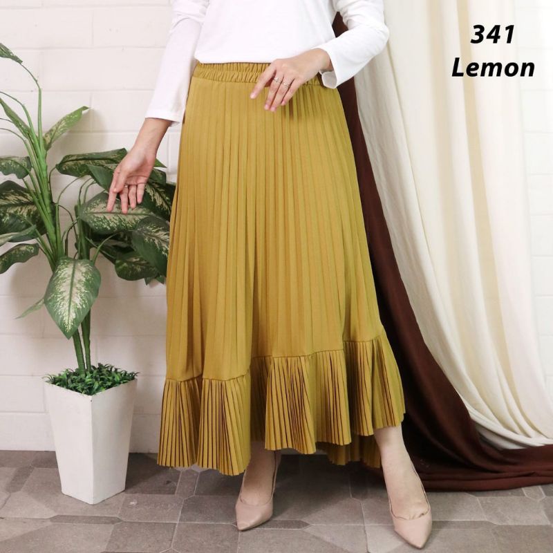 Rok Plisket Asimetris Premium Warna Lemon
