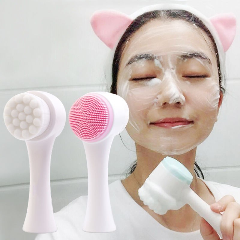 Alat pembersih wajah 2 in 1 cleanshing brush 2 sisi sikat bulu halus dan silicon