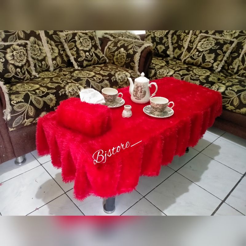 COD 1kg 3 SET Taplak Meja Rumbai/Rempel Bulu Rasfur MERAH