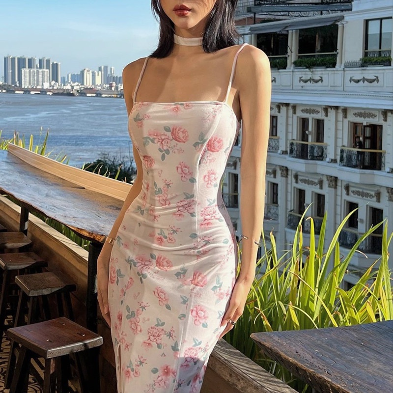 【AMY J】 Floral Slim Suspender Bandage Sleeveless Dresses 7354