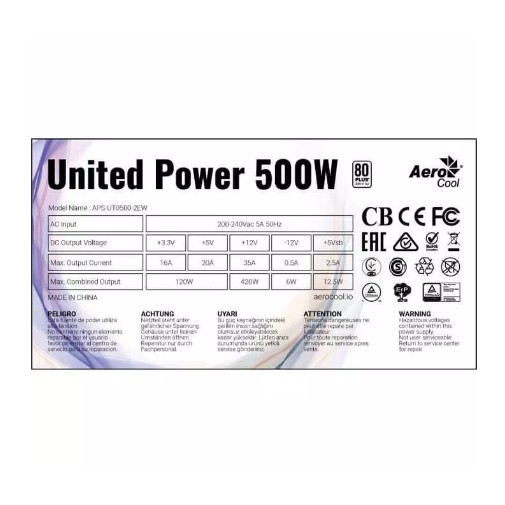 Aerocool United Power 500W - 500 Watt 80 PLUS White Gaming PSU