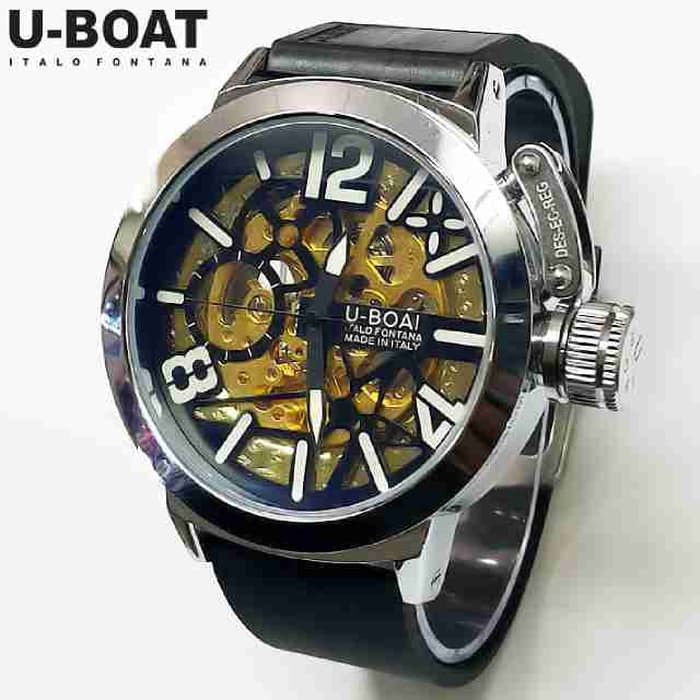Jam Tangan Pria U-Boat Skeleton Ub1 Rubber Black Silver Automatic