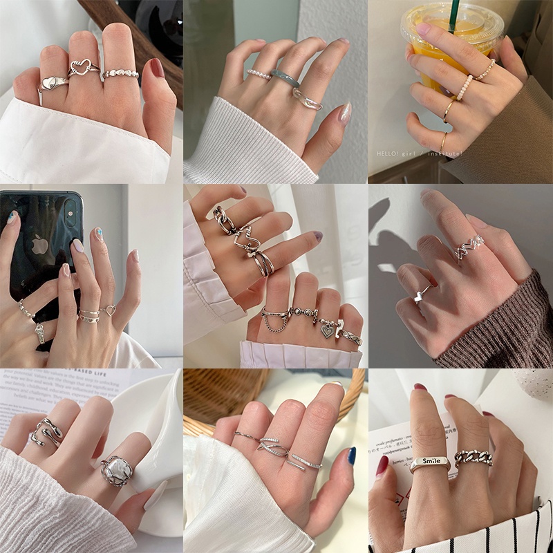 Set Cincin Kristal Mutiara Model Silang Gelombang Tipis Gaya Vintage Untuk Wanita