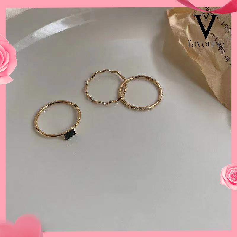 [COD]Cincin Zirkon Hitam Cincin Tiga Bagian Wanita High-end Sederhana Desain Niche Persegi Kecil-FA