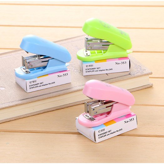 Staples Lucu Anak Sekolah Jepretan Stapler Cewek Set Mini Kecil Pink Biru Cowok dengan Isi