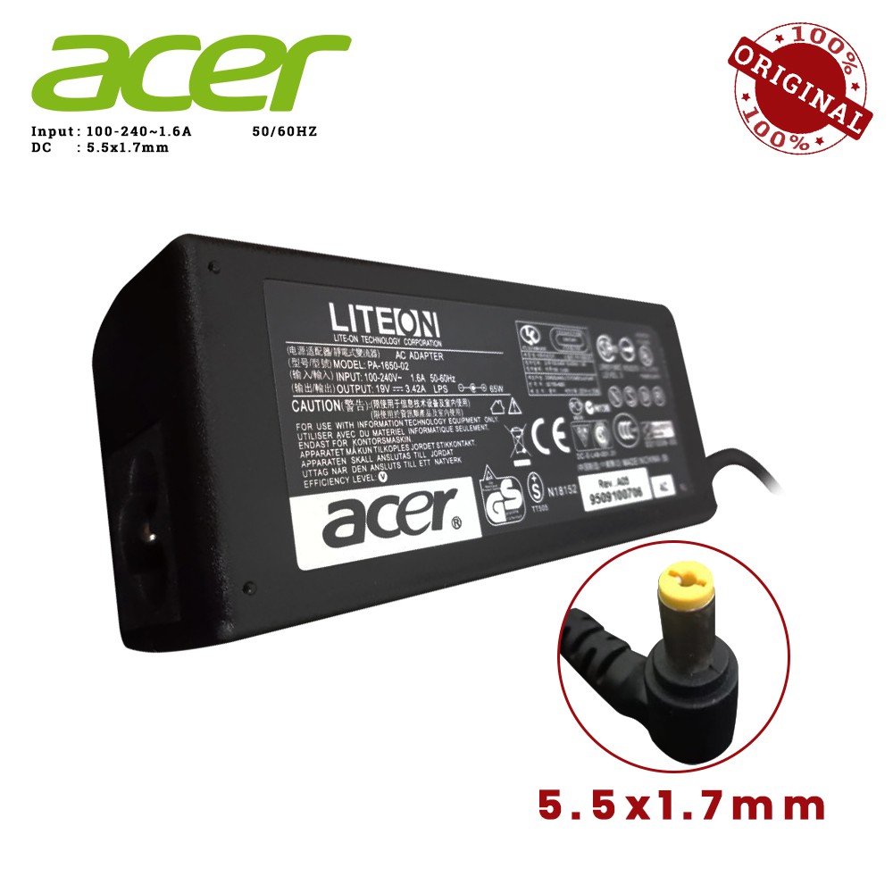 Charger adaptor Laptop 19v 3.42a dc 5.5 x 1.7mm 65w Lite-On pa-1650-02 for Acer aspire travelmate - Adapter notebook liteon