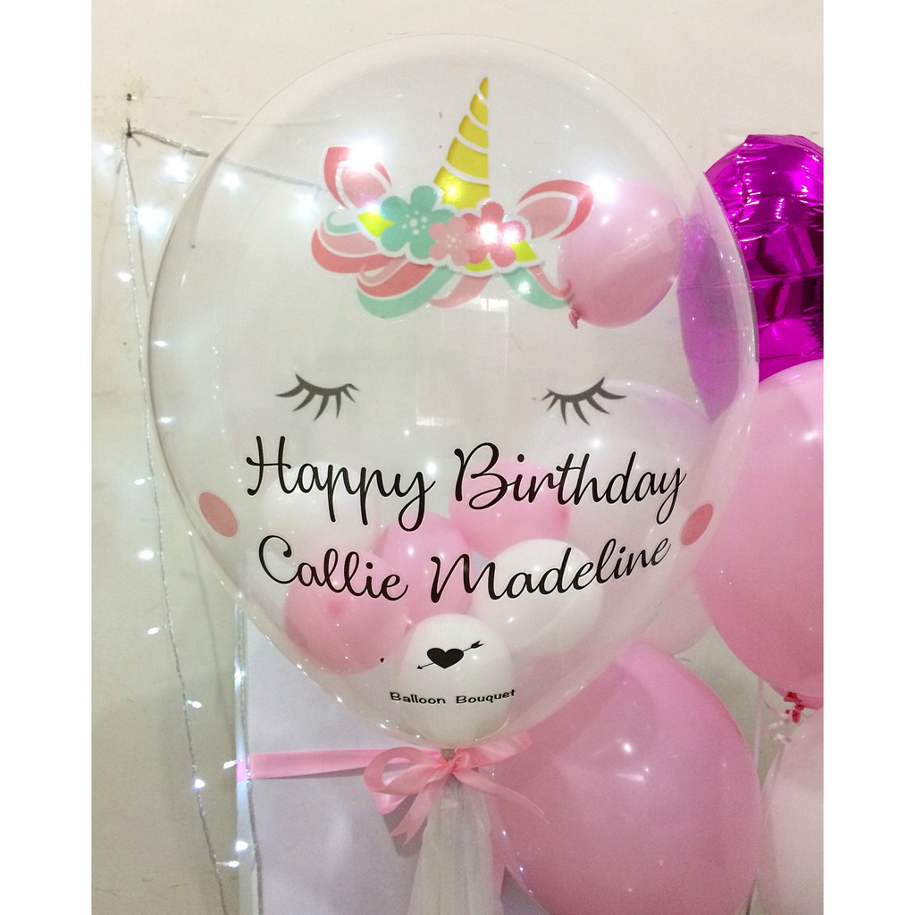 

bubble balloon in pink and white combination with unicorn design