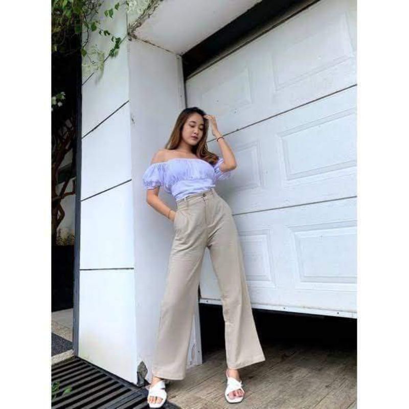 Kulot Linen Rami Highwaist Pinggang Karet Wide Leg Cullote