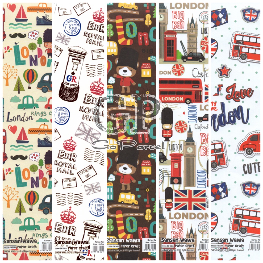 ( 5 Lembar ) KERTAS KADO LONDON - GIFT WRAP PAPER SANSAN WAWA BIG BEN EROPA / EUROPE PARIS / TEDDY BEAR / I LOVE LONDON / ROYAL MAIL / TOWER BRIDGE / OXFORD STREET / BIG RED BUS / DOUBLE DECKER RED BUS