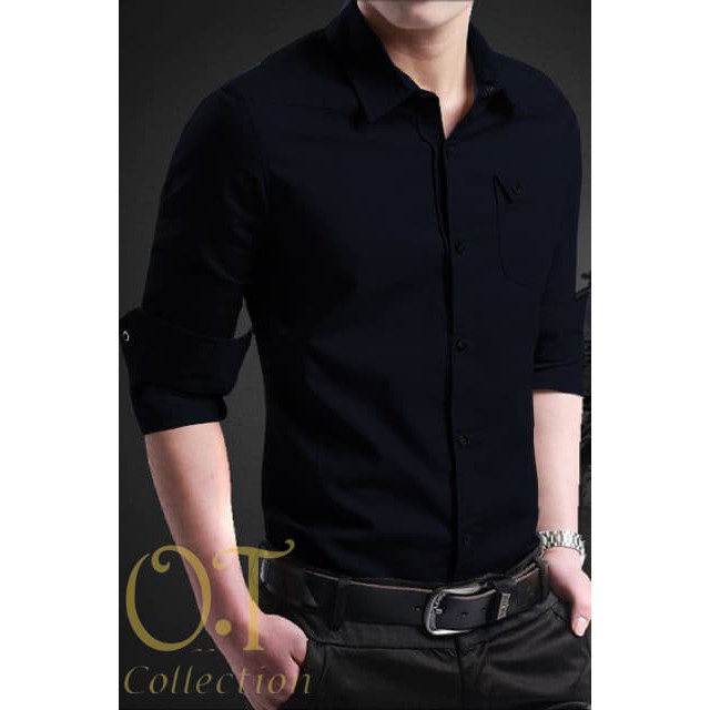 pakain pria kemeja slim fit warna hitam