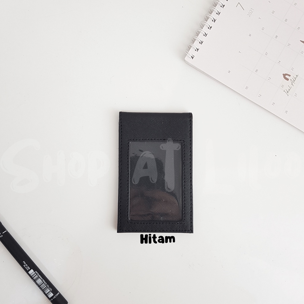 

Lanyard Flashee Saku Kulit PU Leather Name Tag Magnet Dua Sisi Hitam ID Card Magnet Jepit