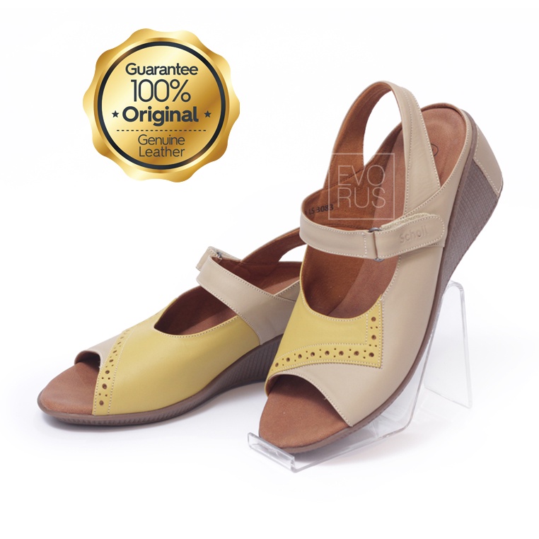 Scholl C3 Memory Cushion Beige+Yellow 100% Original Sepatu Sandal Wanita Kulit Asli Genuine Leather